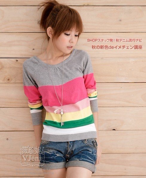 Fashion O-Neck knitted sweater women pullover long sleeve stripe sweaters + Free shipping