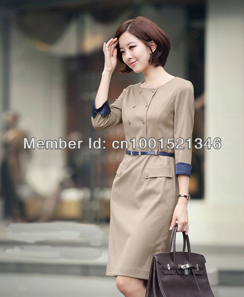 Fashion OL Commute Round Neck Double-breasted With Belt Pocket Decoration Dress NO.0009