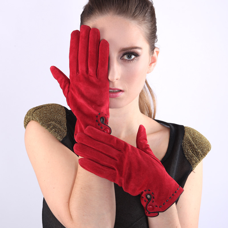 Fashion ol women's suede pigskin genuine leather gloves elegant color block woven thread sheepskin bag buckle