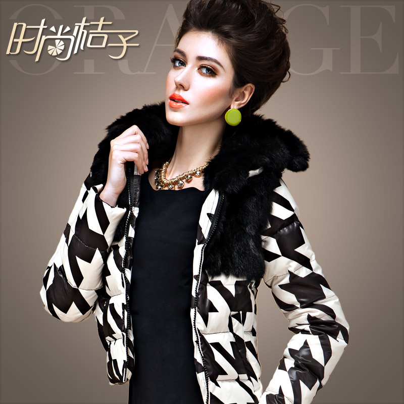 Fashion orange houndstooth fur collar thin slim down coat female short down coat design