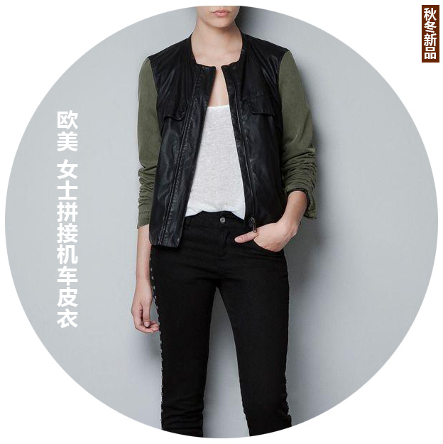 Fashion patchwork 2012 women's motorcycle leather clothing leather jacket zipper pocket tooling olive outerwear