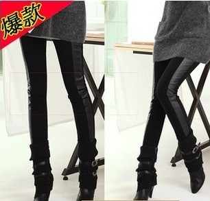 Fashion patchwork cotton of sidepiece faux leather patchwork black elastic pencil pants trousers legging ankle length female