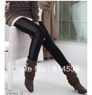 Fashion patchwork cotton sidepiece faux leather patchwork ankle length trousers legging harem pants female