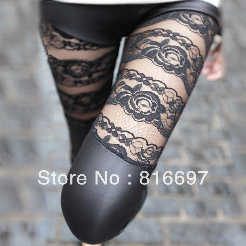 Fashion patchwork leather pants female legging autumn and winter faux leather legging female plus size lace tight-fitting long