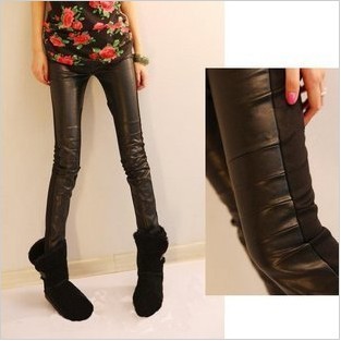 Fashion patchwork legging faux leather after cotton ankle length trousers dull very fashion