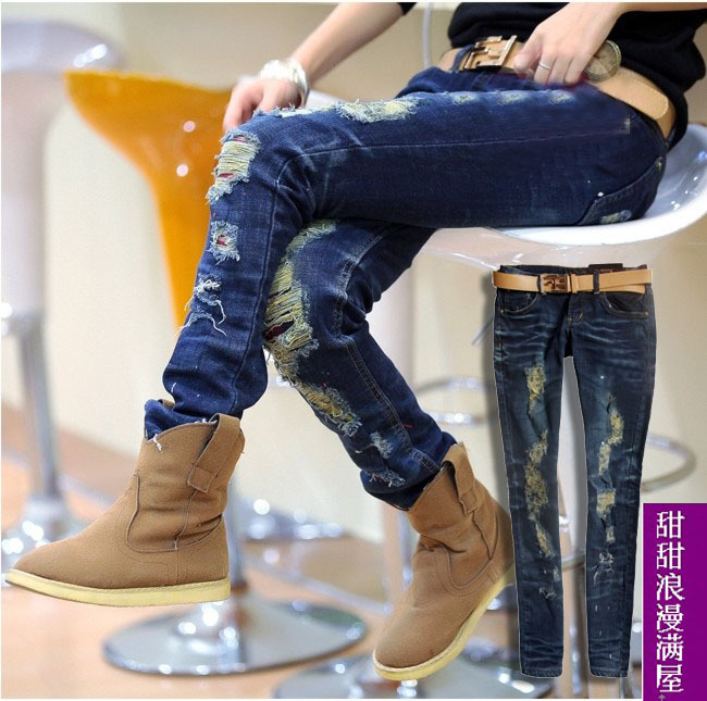 Fashion personality 2013 437188 distrressed ruffle colored drawing slim pencil pants denim trousers