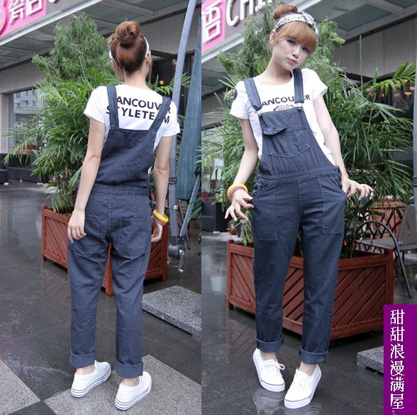 Fashion personality 2013 all-match Dark Blue denim bib pants trousers c1209