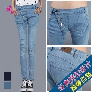 Fashion personality elastic buttons retro finishing denim trousers female pencil pants