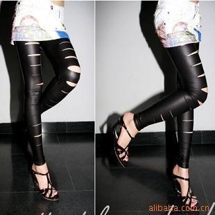 Fashion personality slim matte faux leather hole ankle length trousers legging