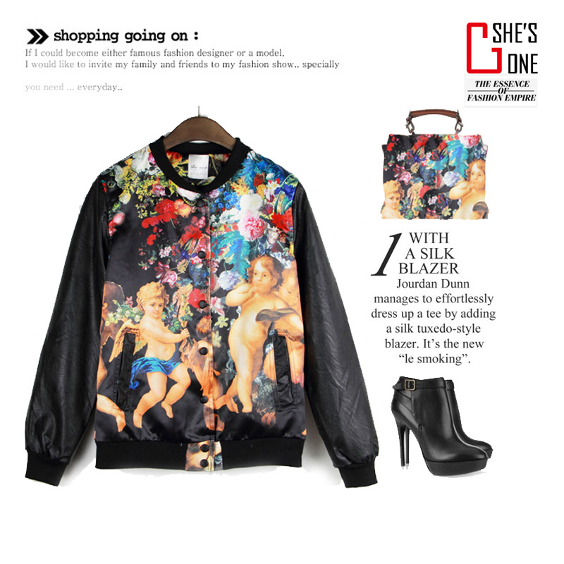 Fashion personality vintage flower print HARAJUKU patchwork baseball uniform outerwear jacket leather clothing baroque