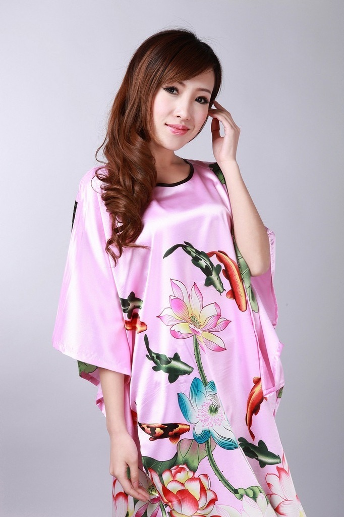 Fashion Pink Chinese Women's Silk Rayon Robe Gown Nightwear Yukata One Size Free Shipping S01040-B