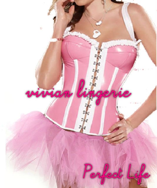 FASHION pink strap pvc corset with skirt,sexy lingerie,bustier,sexy corset+G-string,1set+freeshipping 1401-4/(S,M,L,XL)