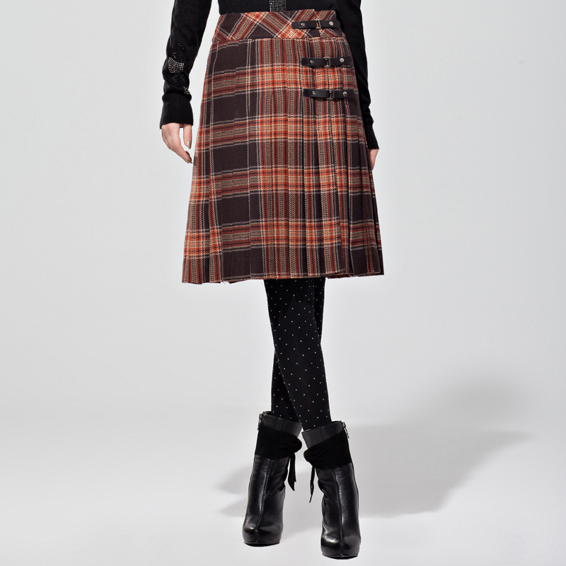 Fashion plaid leather buckle on pleated bust skirt 110919