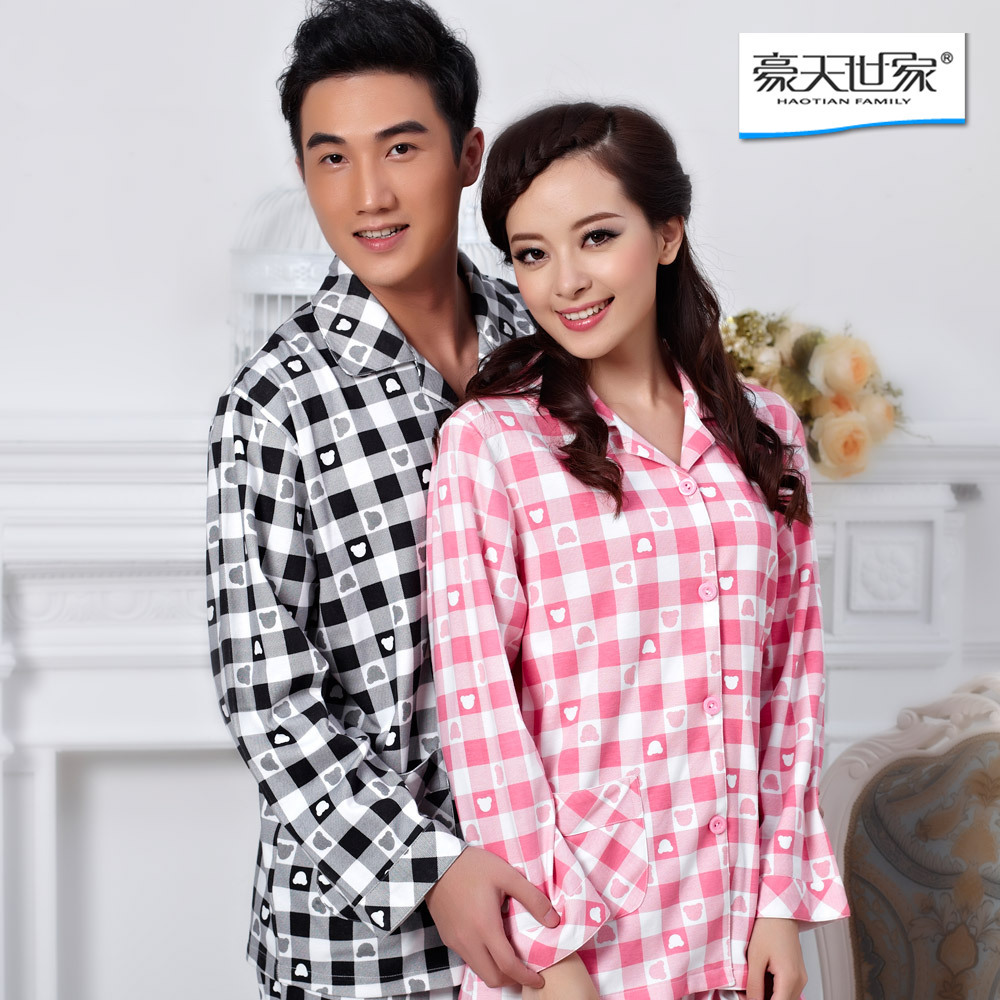 Fashion plaid lovers sleepwear long-sleeve women's sleepwear male cotton lounge