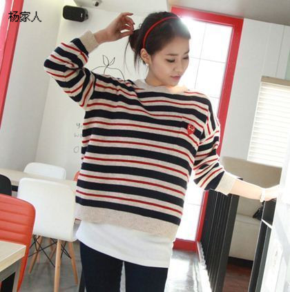 Fashion plus size shirt navy preppy style stripe love loose knitted sweater outerwear