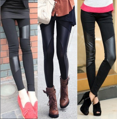 Fashion plus velvet thickening autumn and winter personality faux leather cotton all-match legging patchwork legging