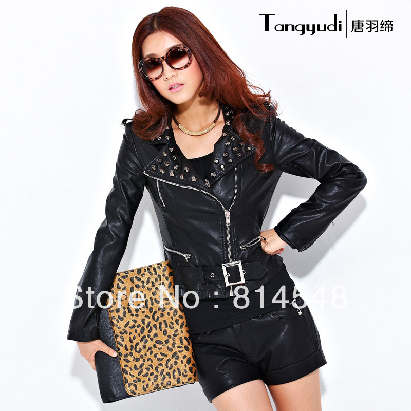 Fashion PU leather Short Design Slim Turn-down Collar Epaulette Belt motorcycle rivet   Jacket coat  Tuxedo Coat Blazer Jacket