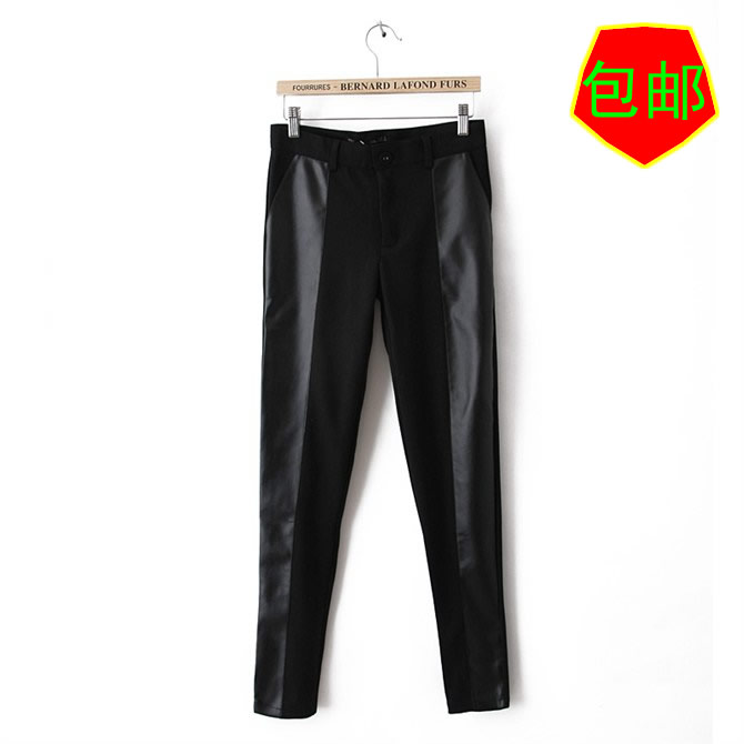 Fashion PU patchwork leather pants casual skinny legging pants boot cut jeans pencil pants female