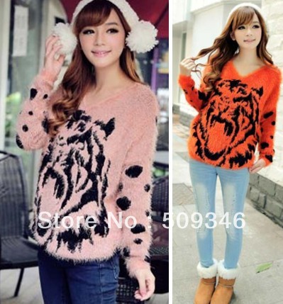 Fashion Pullover Sweater For Women Ladies Autumn Winter Mohair Batwing V Neck Tiger Pink Orange Beige Wholesale Free Shipping