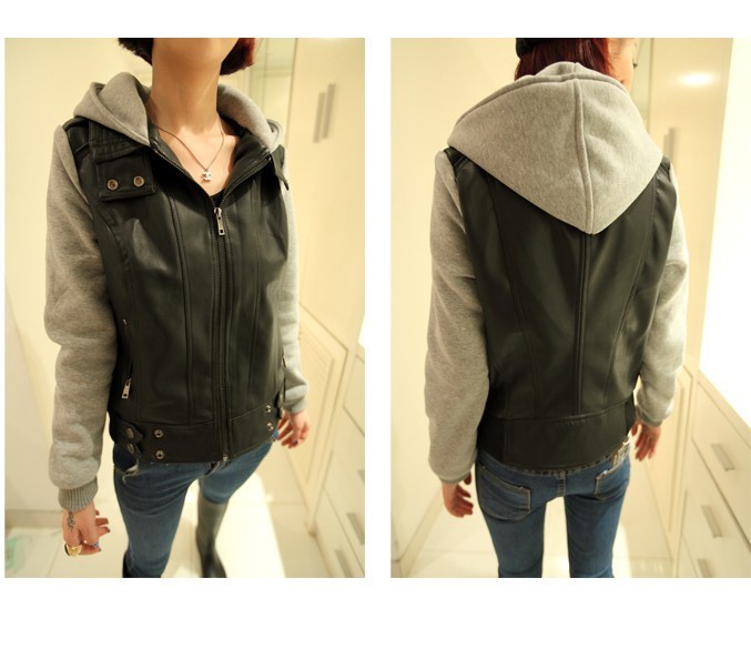 Fashion punk faux two piece patchwork small motorcycle leather clothing slim women's PU short jacket