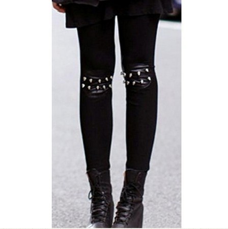 Fashion Punk Knee Rivet Studs Spike Faux Leather Patch Leggings Legwear Tights