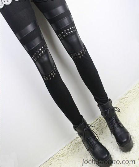 Fashion punk metal rivet faux leather knee legging cotton patchwork ankle length trousers patch