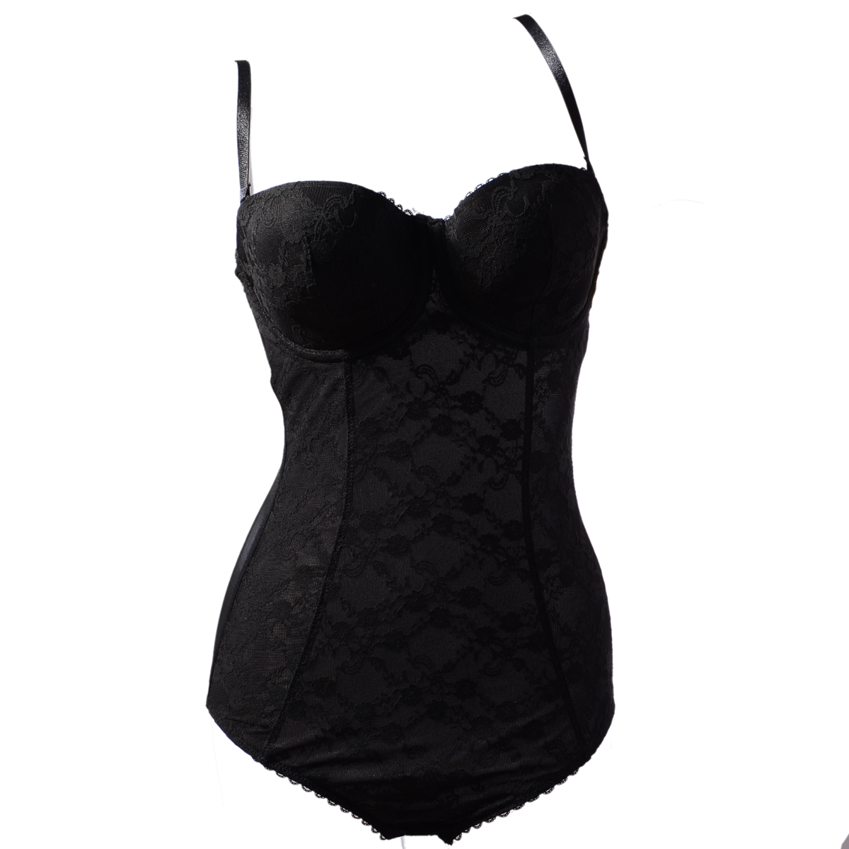 Fashion quality embroidery one piece shaper black temptation sexy lace detachable shoulder strap built-in slip-resistant bar