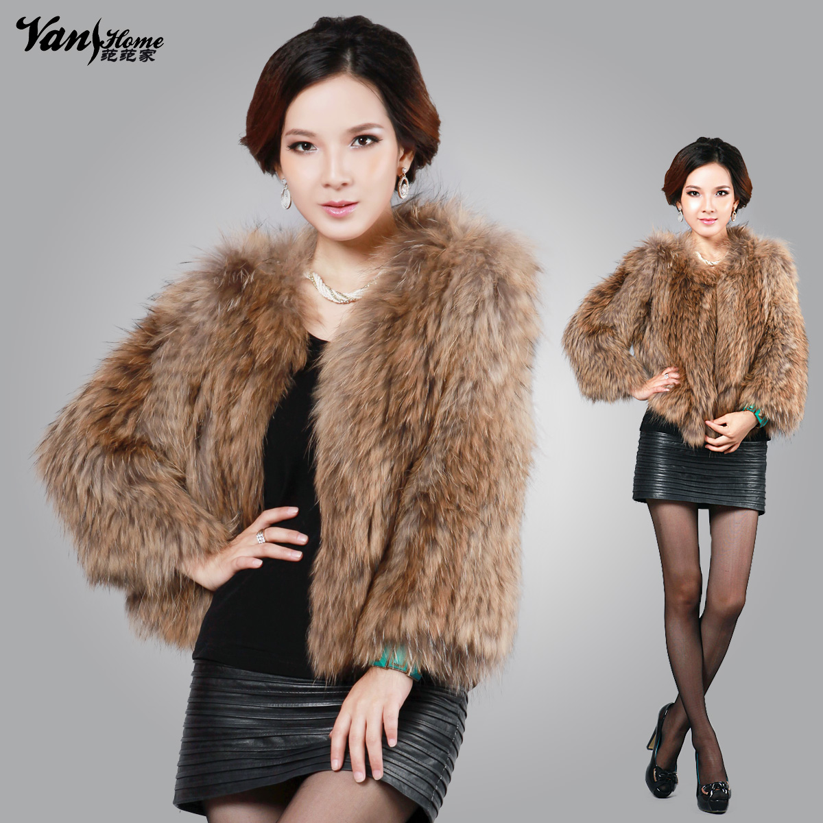 Fashion raccoon fur knitted gentle long-sleeve short jacket fur