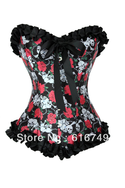 Fashion Rose Skull Printed Overbust Sexy Corset And  Bustier Top With G-string S-XXL W03011