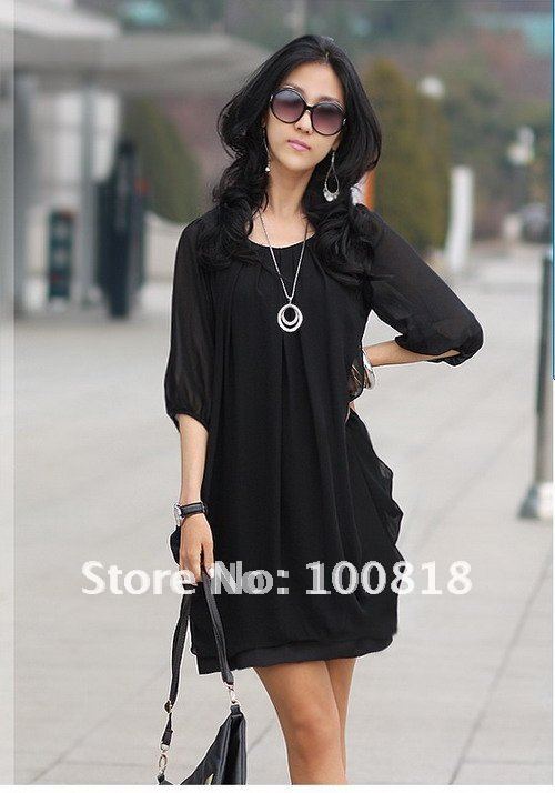 Fashion Round Neck Women Chiffon Black Dresses