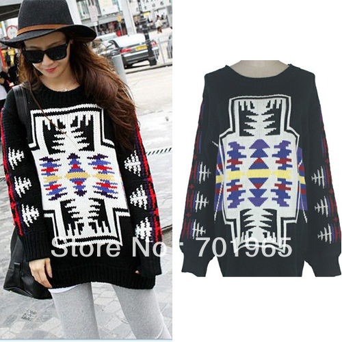 Fashion Round Neck Women Cross Stitch Embroidered Loose Sweater Tops YH3072