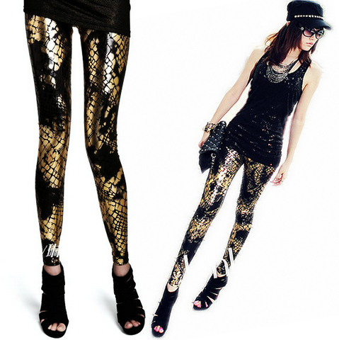 Fashion serpentine pattern jazz hiphop dance pants bronzier faux leather female  legging 0293