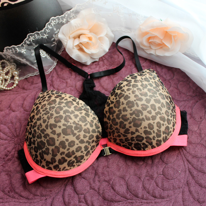 Fashion sexy front button push up bra leopard print lace shoulder strap sexy and charming style