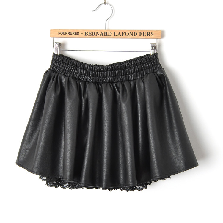 Fashion sexy lace decoration elastic waist leather short skirt puff skirt bust skirt leather skirt slim hip autumn and winter