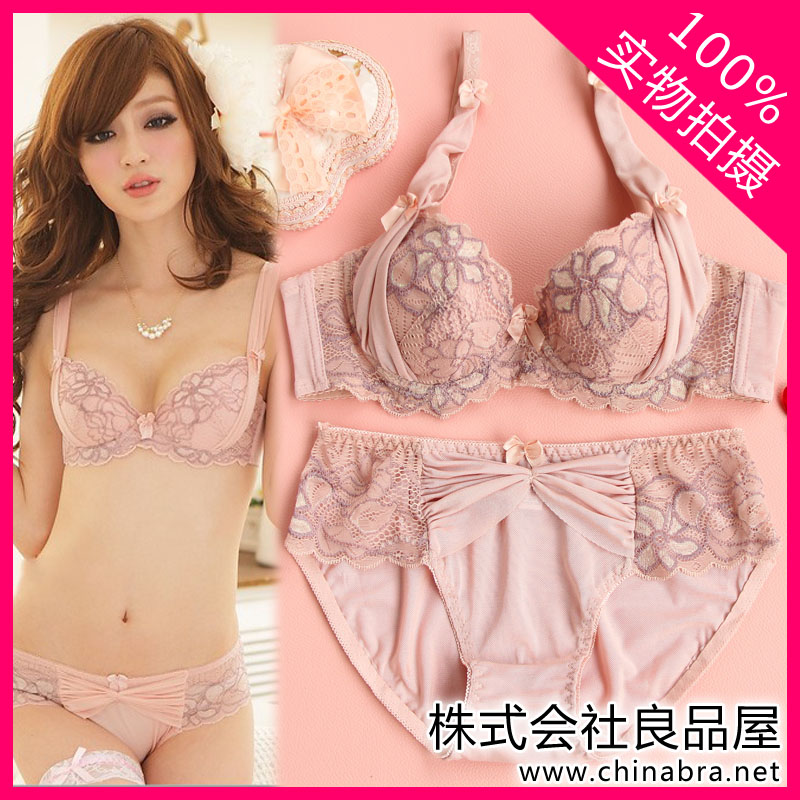 Fashion sexy lace embroidery pink flower underwear set thin cup women's bra set