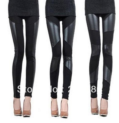 Fashion Sexy Lady Stitching Stretchy Faux Leather Back Tight Leggings Pant multi designs