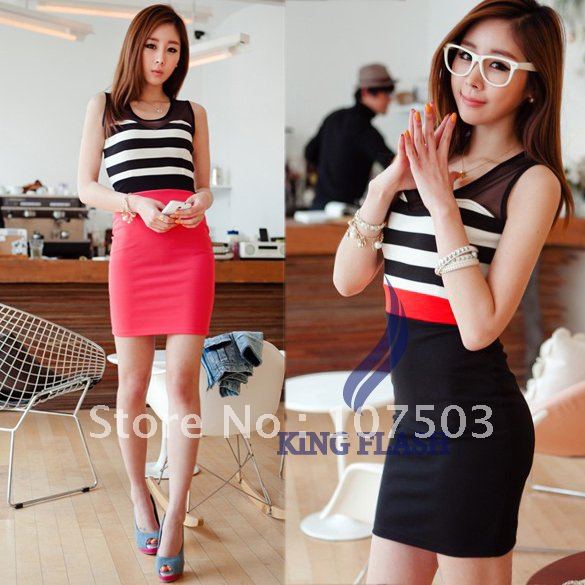 Fashion Sexy Nets Yarn Slimming Stripe Slim Mini Dress Sleeveless Vest Strip Dress 2 Colors Free Shipping 5715