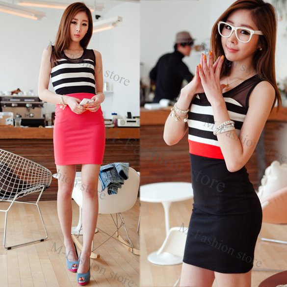 Fashion Sexy Nets Yarn Slimming Stripe Slim Mini Dress Sleeveless Vest Strip Dress 2 Colors Free Shipping 5715