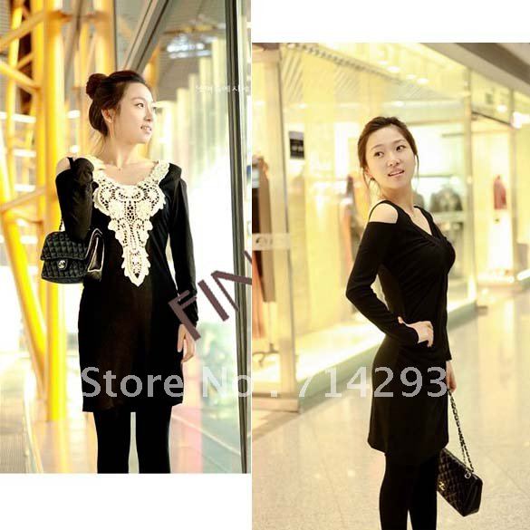 Fashion Sexy Women's Charming V-Neck Lone Sleeve Mini Dress Black free shipping 6432