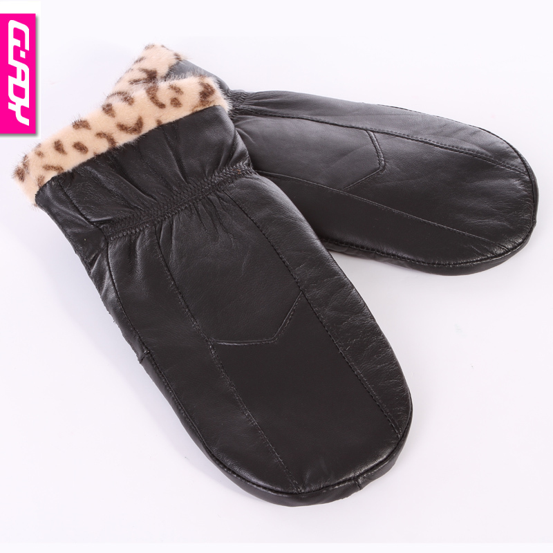 Fashion sheepskin leather gloves yarn plus velvet thickening winter thermal leopard print bag genuine leather gloves