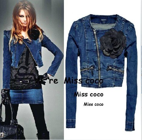 Fashion Skew Zip Short Denim Short Jacket with Rose Decoration for Ladies Women