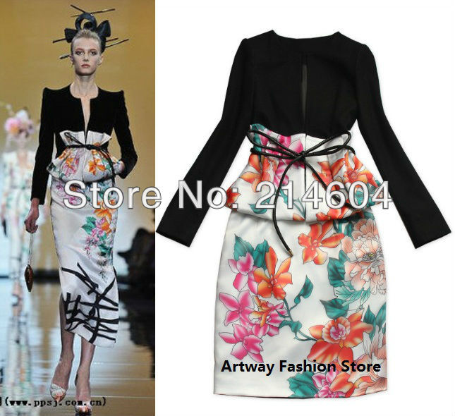 fashion  skirt suit with vintage floral print ;slim skirt suit with belt;office lady branded suit T show style wholesale