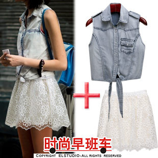 Fashion sleeveless all-match bands shirt exquisite embroidery puff skirt bl724