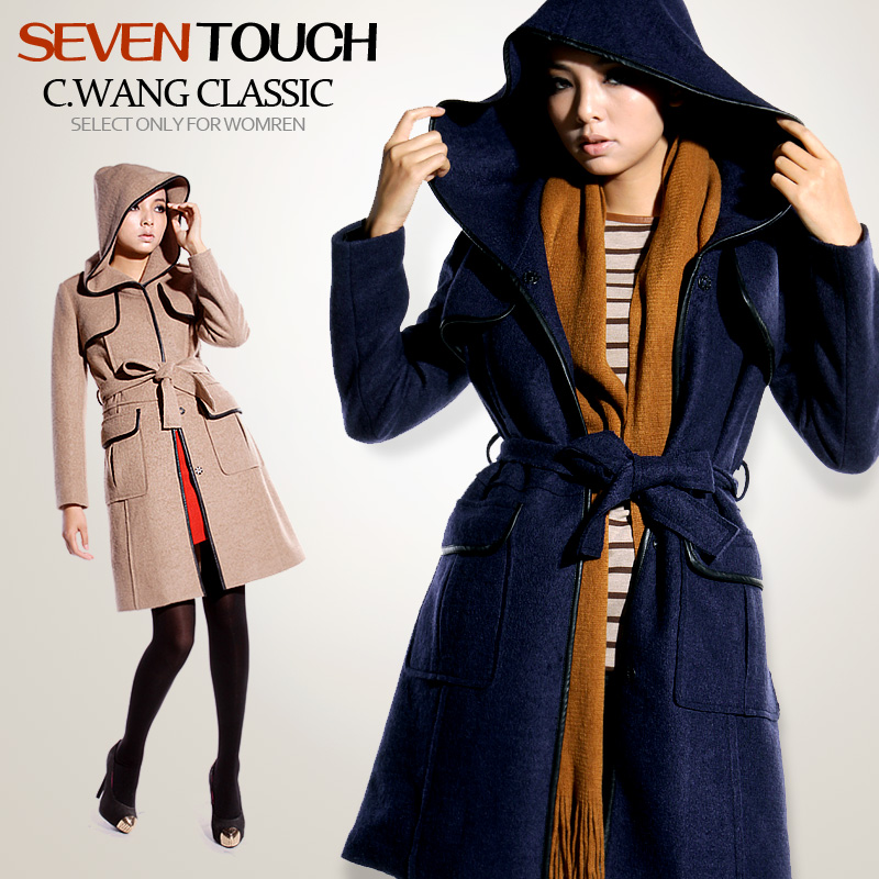 Fashion slim leather woolen outerwear wool cashmere woolen female long design with a hood cloak overcoat