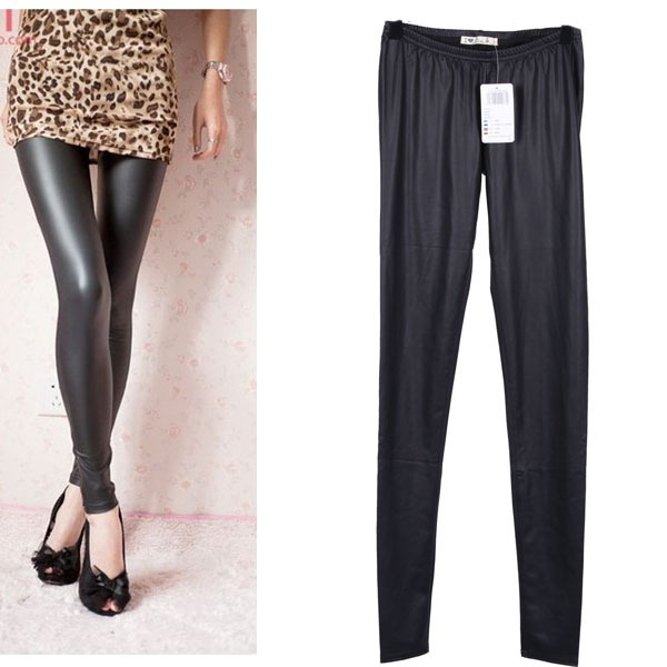 Fashion slim ultra elastic black trousers female leather pants pencil pants legging