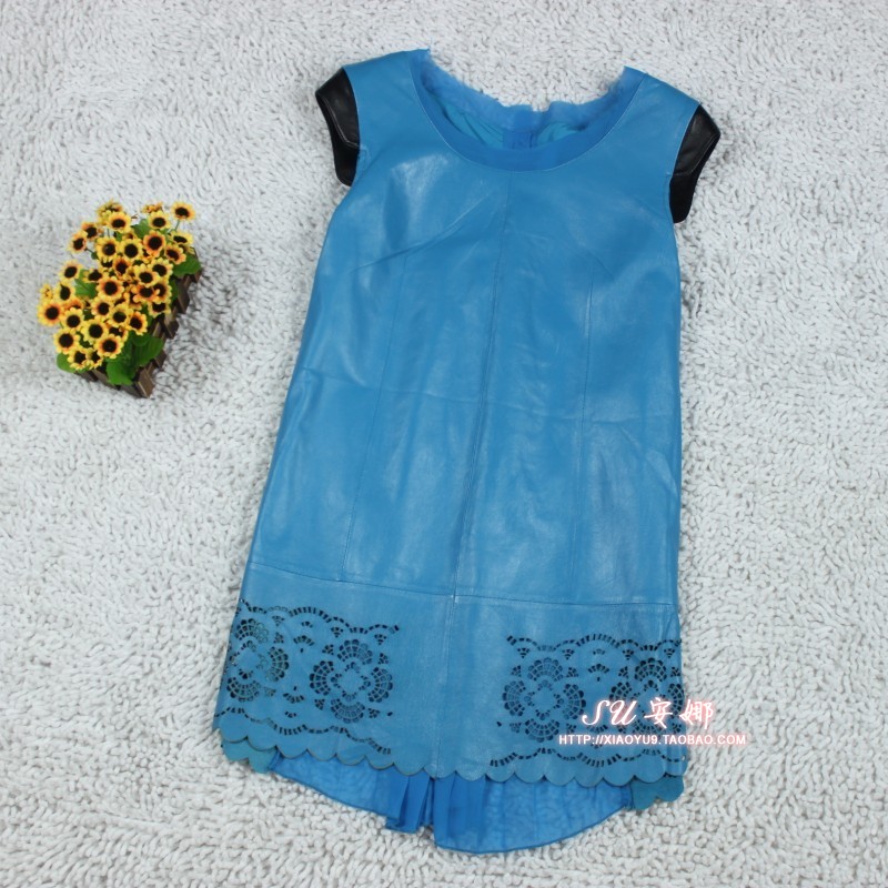 Fashion small sheepskin cutout sweep chiffon patchwork leather skirt vest one-piece dress