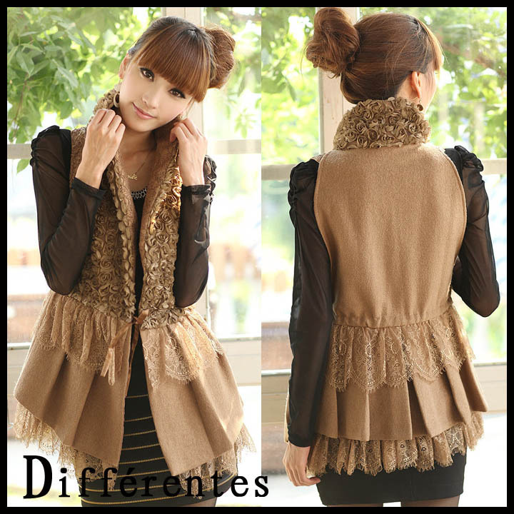 Fashion spring women's lace rose woolen long design vest outerwear trench