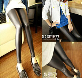 Fashion star black faux leather tight elastic basic leather pants female