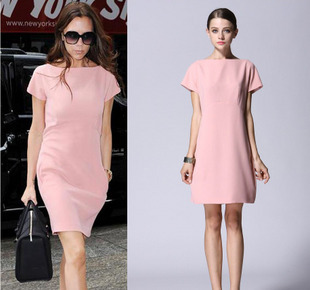 Fashion star one-piece dress double silk blending elegant o-neck nude color short-sleeve dress