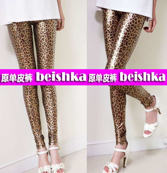 Fashion star style single beishka leopard print decorative pattern faux leather trousers legging pants low-waist